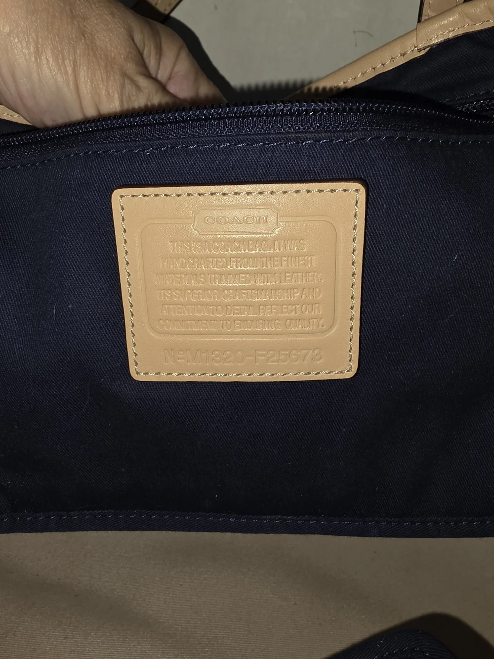 COACH Signature Navy Canvas Tote with Tan Leather Trim